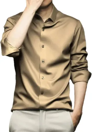 Men Social Shirt Long Sleeve Solid Silk Non Iron Wrinkle Resistant Business Formal Dress Shirt