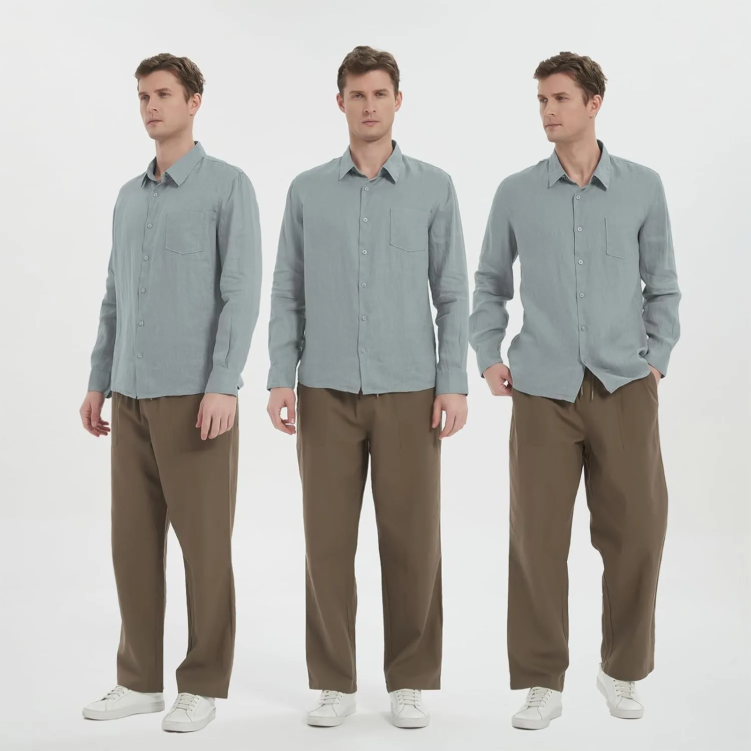 Men's 100% Linen Shirt Casual Long Sleeve Button-Down Shirt for Men Lightweight Linen Shirt with Pockets