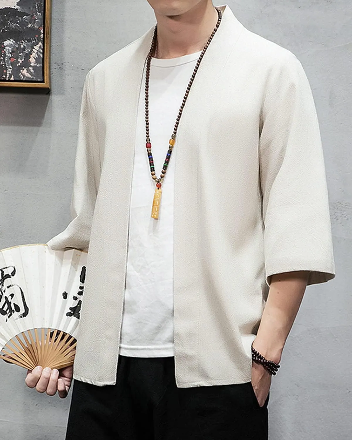 Men's Japanese Kimono Cardigan Loose Cotton Linen 3/4 Sleeve Open Front Casual Summer Shirt Jackets