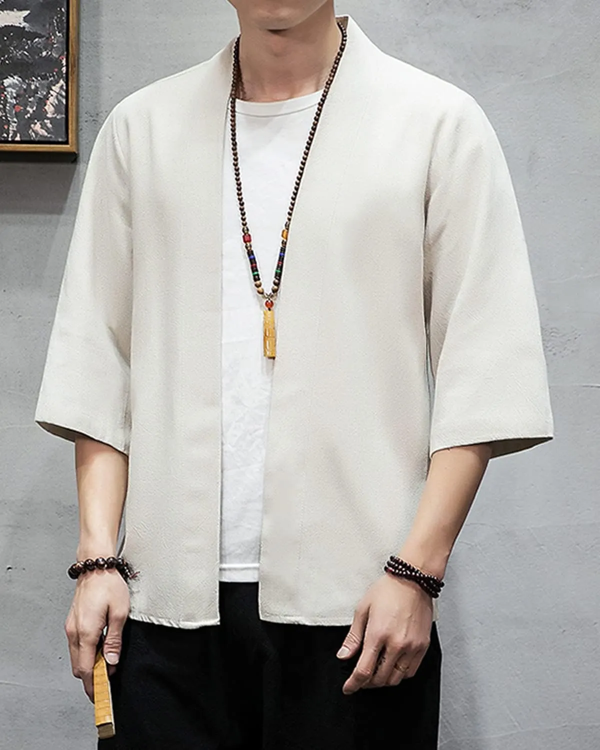 Men's Japanese Kimono Cardigan Loose Cotton Linen 3/4 Sleeve Open Front Casual Summer Shirt Jackets