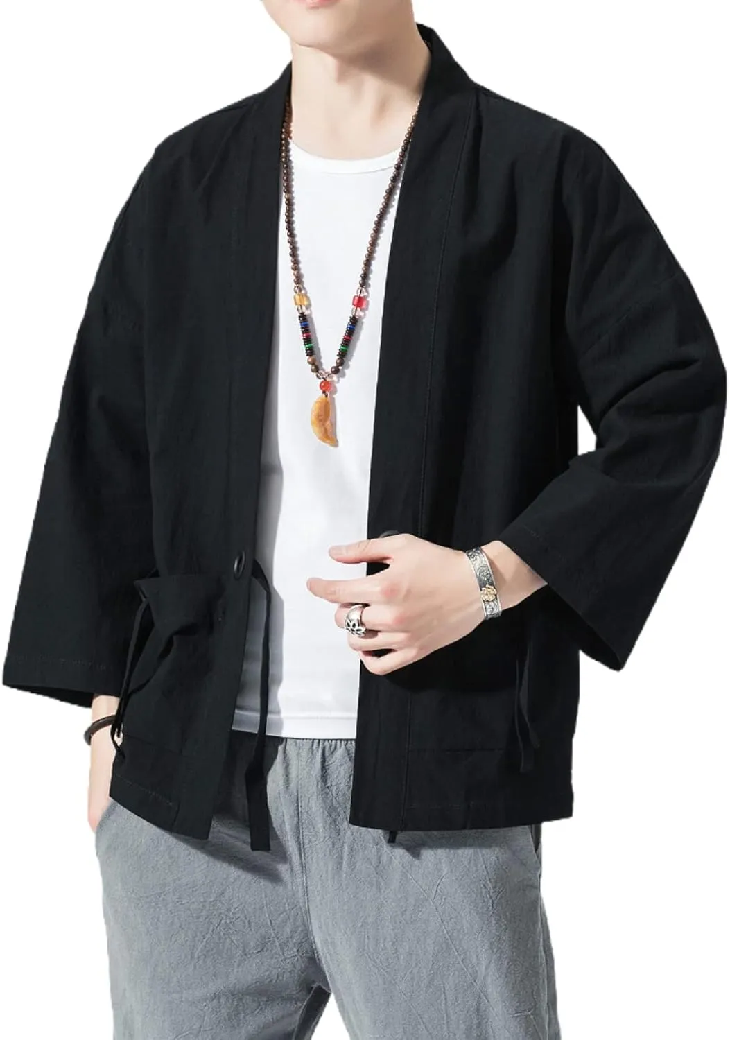 Men's Japanese Kimono Cardigan Loose Cotton Linen 3/4 Sleeve Open Front Casual Summer Shirt Jackets