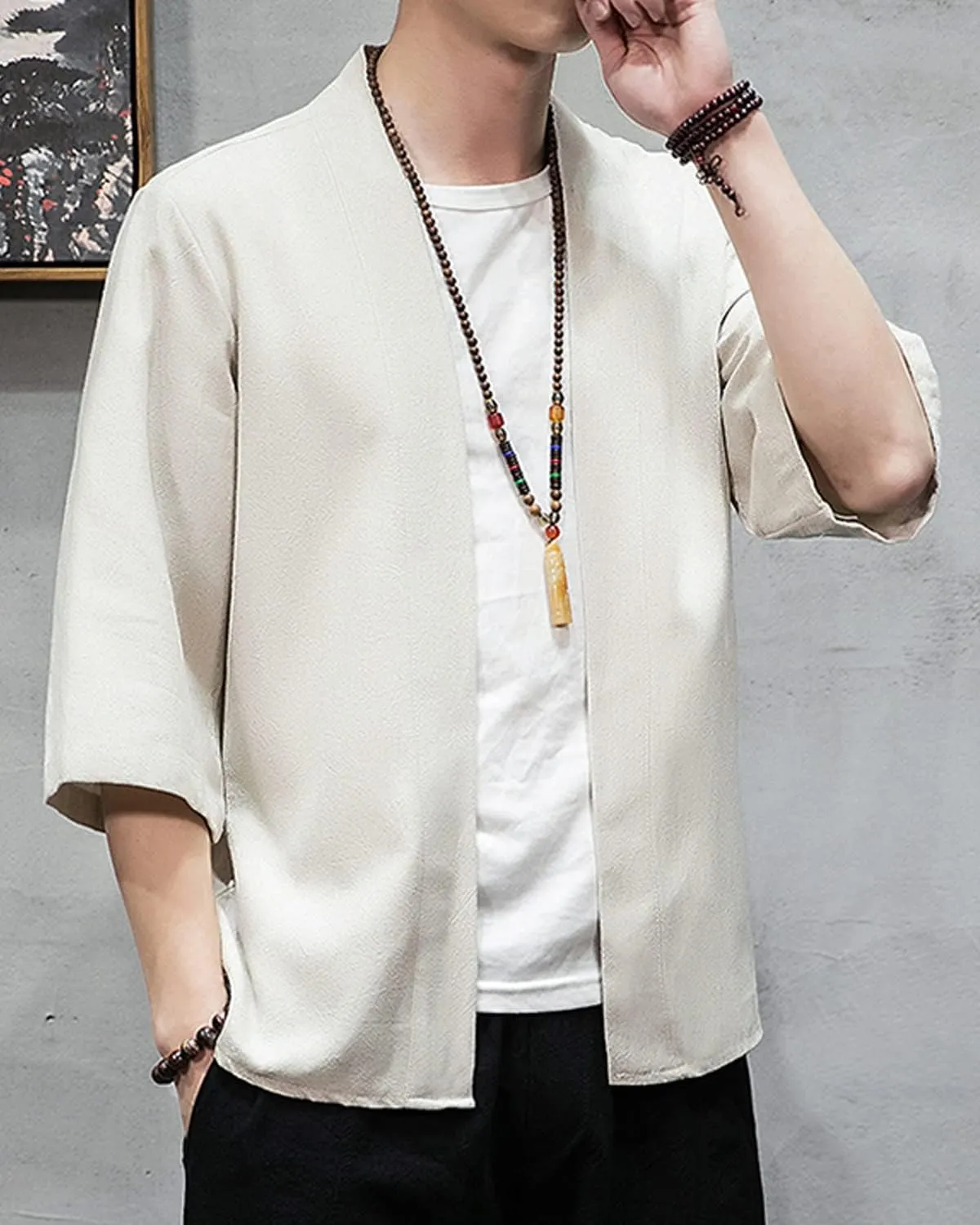 Men's Japanese Kimono Cardigan Loose Cotton Linen 3/4 Sleeve Open Front Casual Summer Shirt Jackets