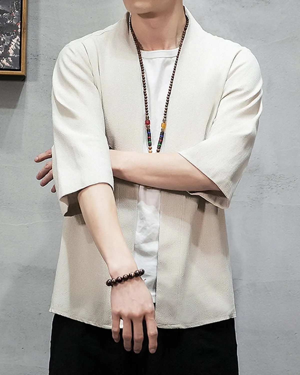 Men's Japanese Kimono Cardigan Loose Cotton Linen 3/4 Sleeve Open Front Casual Summer Shirt Jackets