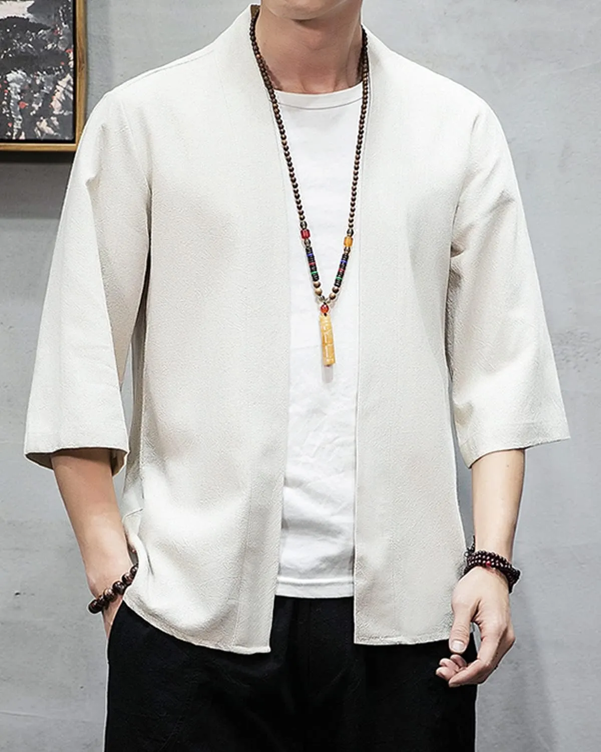 Men's Japanese Kimono Cardigan Loose Cotton Linen 3/4 Sleeve Open Front Casual Summer Shirt Jackets