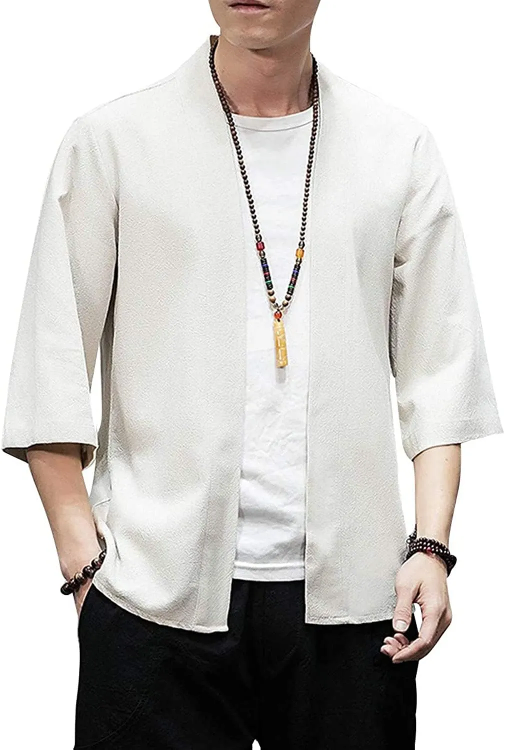 Men's Japanese Kimono Cardigan Loose Cotton Linen 3/4 Sleeve Open Front Casual Summer Shirt Jackets