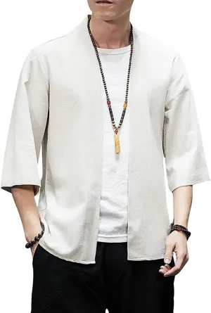 Men's Japanese Kimono Cardigan Loose Cotton Linen 3/4 Sleeve Open Front Casual Summer Shirt Jackets