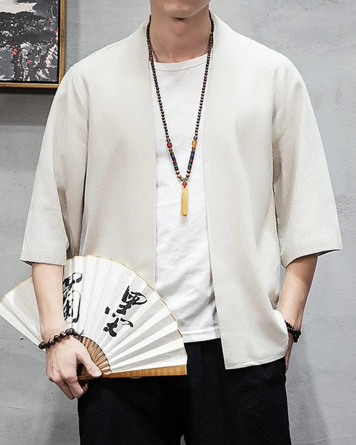 Men's Japanese Kimono Cardigan Loose Cotton Linen 3/4 Sleeve Open Front Casual Summer Shirt Jackets