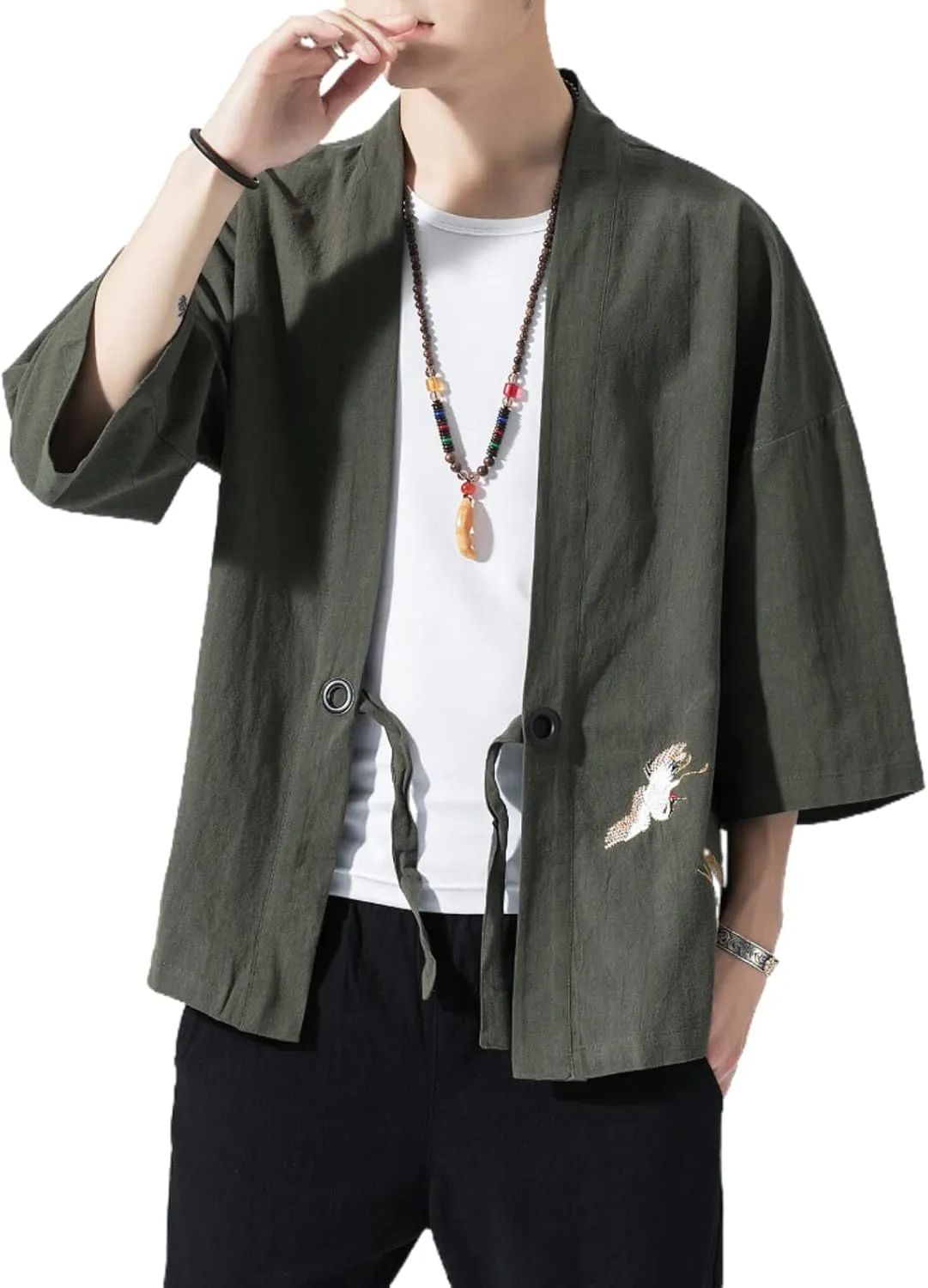 Men's Japanese Kimono Cardigan Loose Cotton Linen 3/4 Sleeve Open Front Casual Summer Shirt Jackets