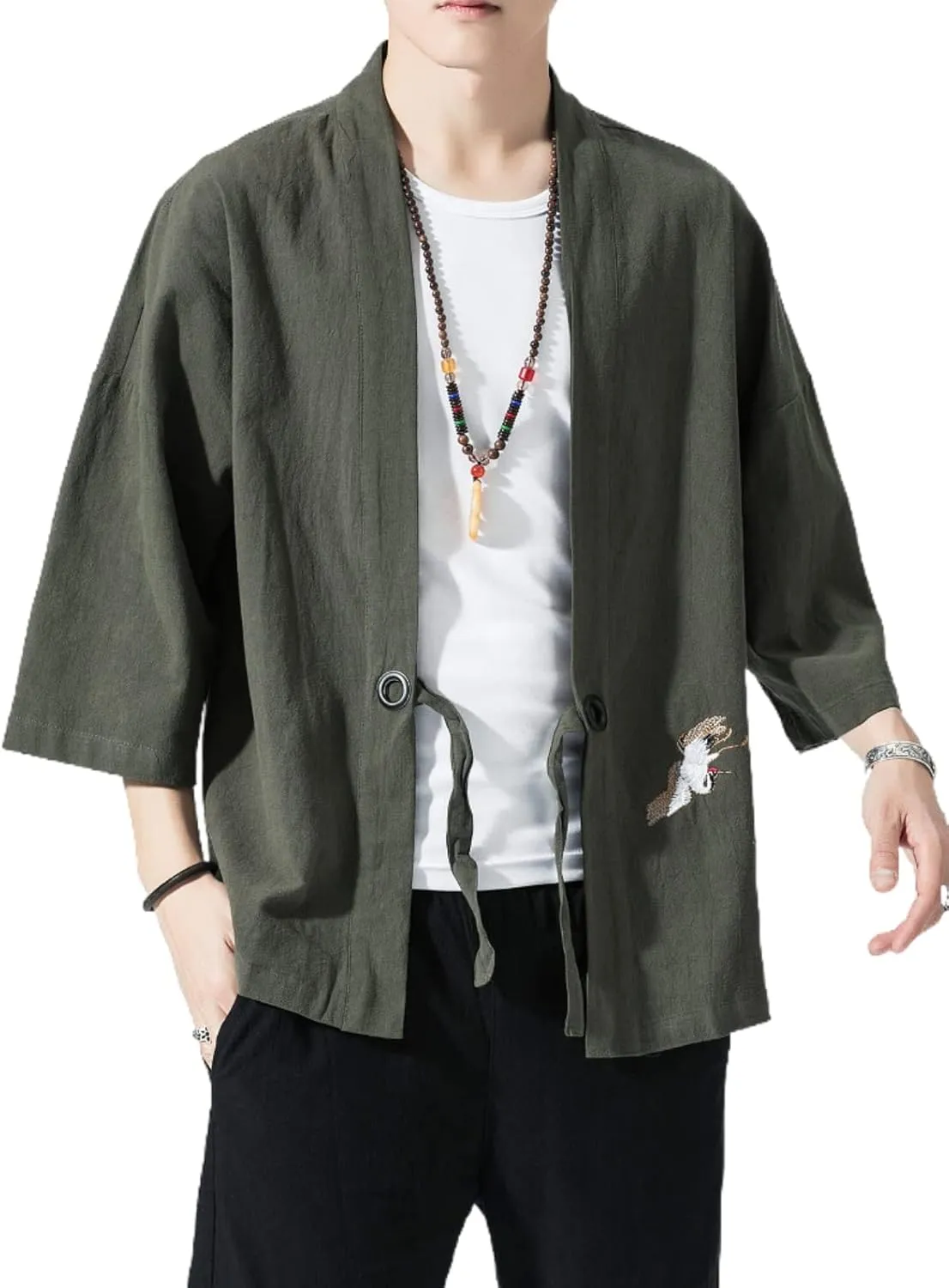 Men's Japanese Kimono Cardigan Loose Cotton Linen 3/4 Sleeve Open Front Casual Summer Shirt Jackets