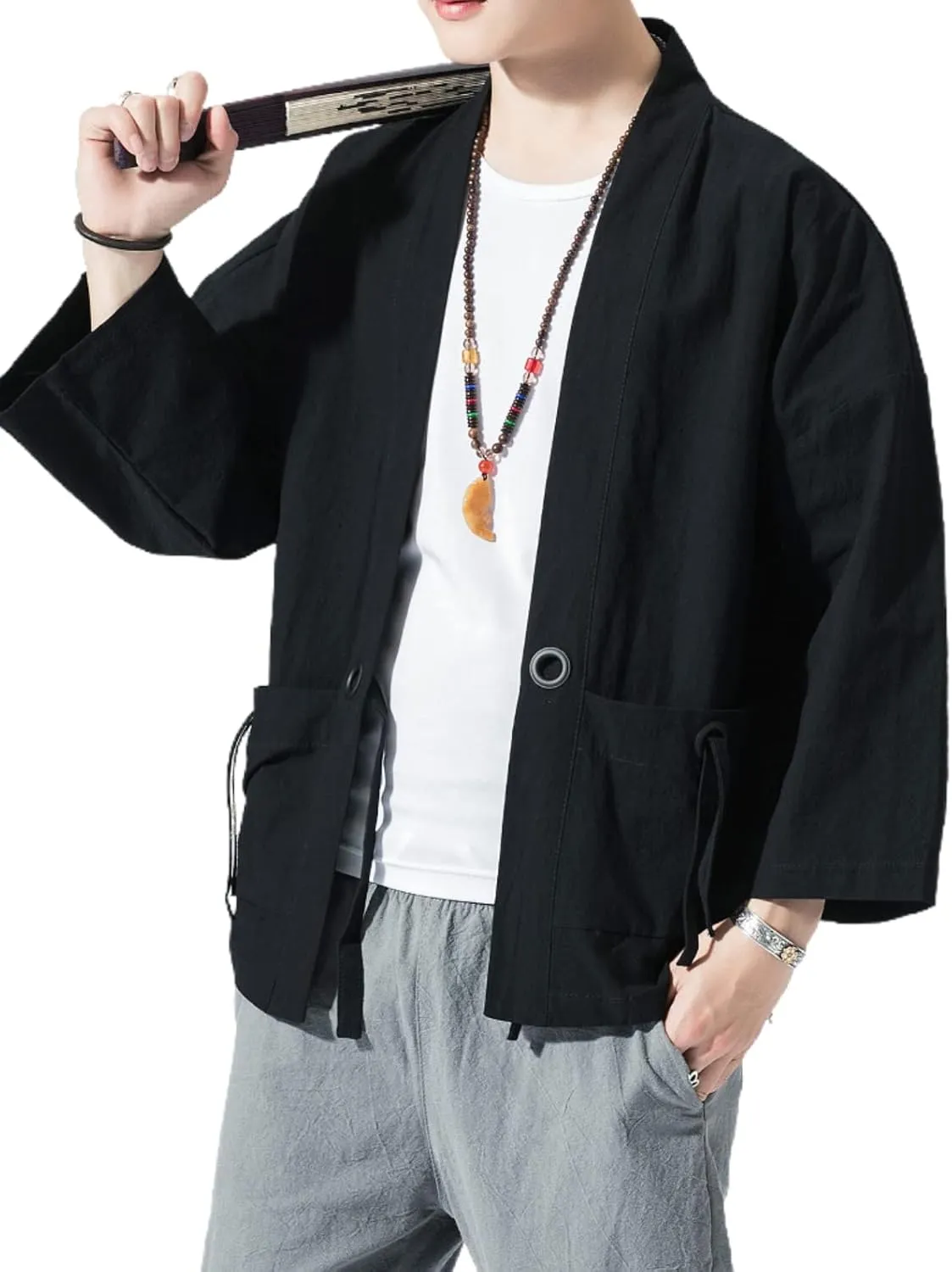 Men's Japanese Kimono Cardigan Loose Cotton Linen 3/4 Sleeve Open Front Casual Summer Shirt Jackets