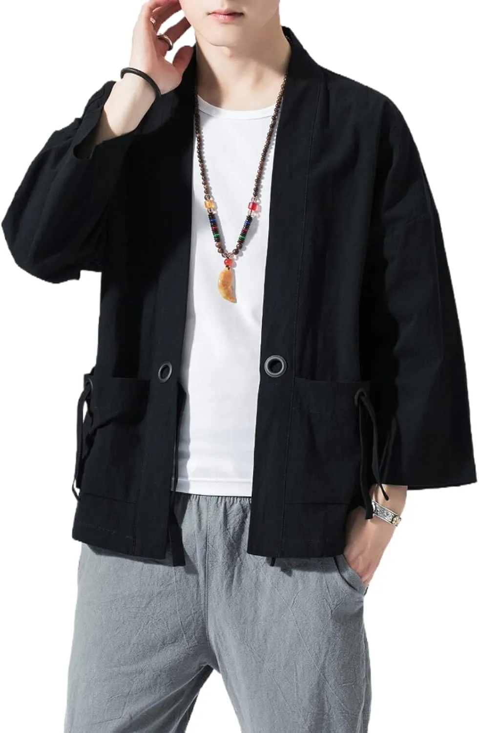 Men's Japanese Kimono Cardigan Loose Cotton Linen 3/4 Sleeve Open Front Casual Summer Shirt Jackets