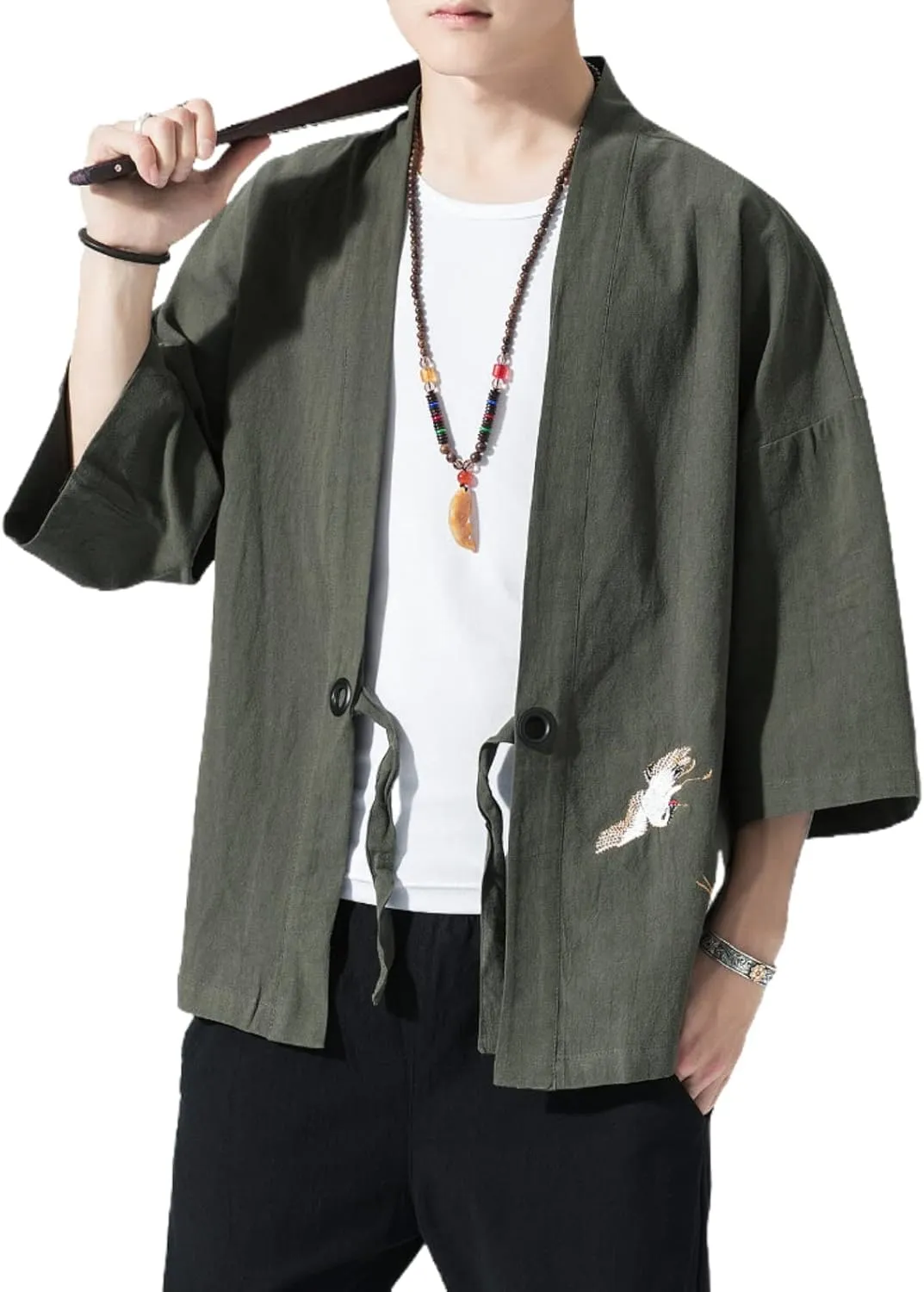 Men's Japanese Kimono Cardigan Loose Cotton Linen 3/4 Sleeve Open Front Casual Summer Shirt Jackets