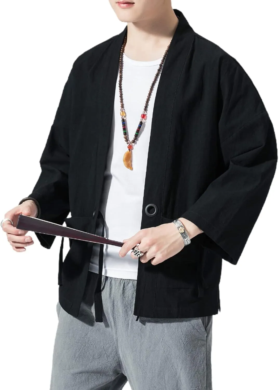 Men's Japanese Kimono Cardigan Loose Cotton Linen 3/4 Sleeve Open Front Casual Summer Shirt Jackets