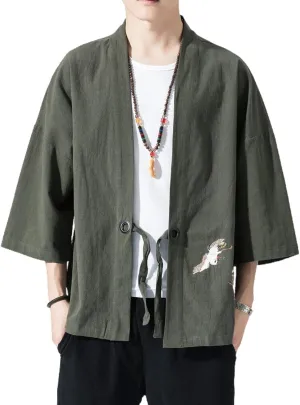 Men's Japanese Kimono Cardigan Loose Cotton Linen 3/4 Sleeve Open Front Casual Summer Shirt Jackets