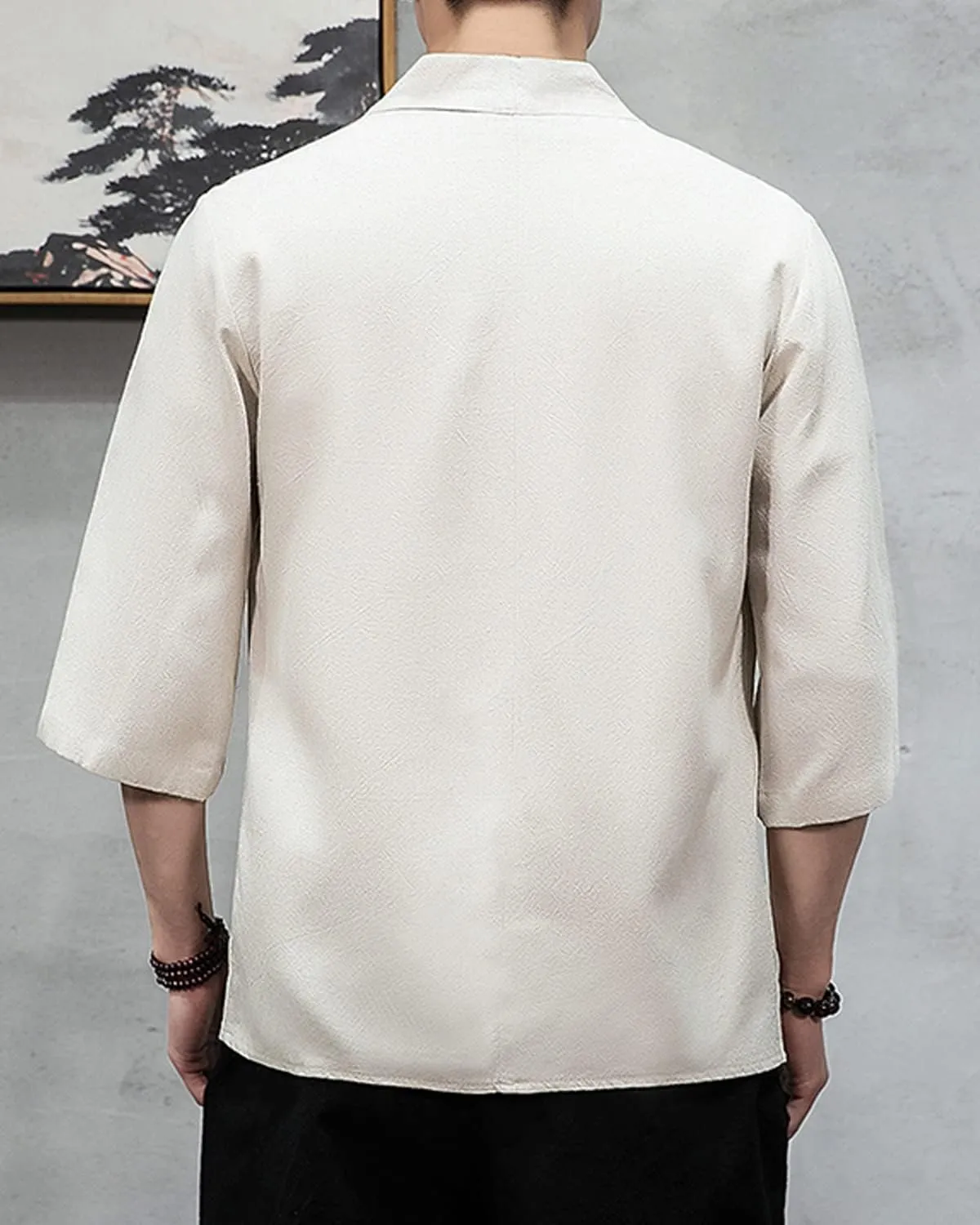 Men's Japanese Kimono Cardigan Loose Cotton Linen 3/4 Sleeve Open Front Casual Summer Shirt Jackets