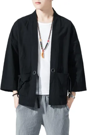 Men's Japanese Kimono Cardigan Loose Cotton Linen 3/4 Sleeve Open Front Casual Summer Shirt Jackets
