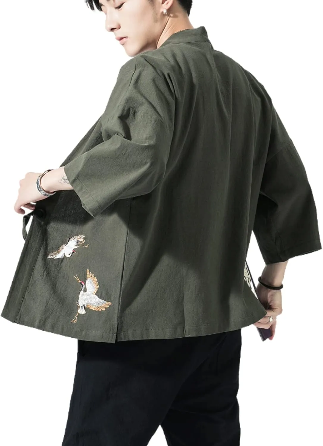 Men's Japanese Kimono Cardigan Loose Cotton Linen 3/4 Sleeve Open Front Casual Summer Shirt Jackets