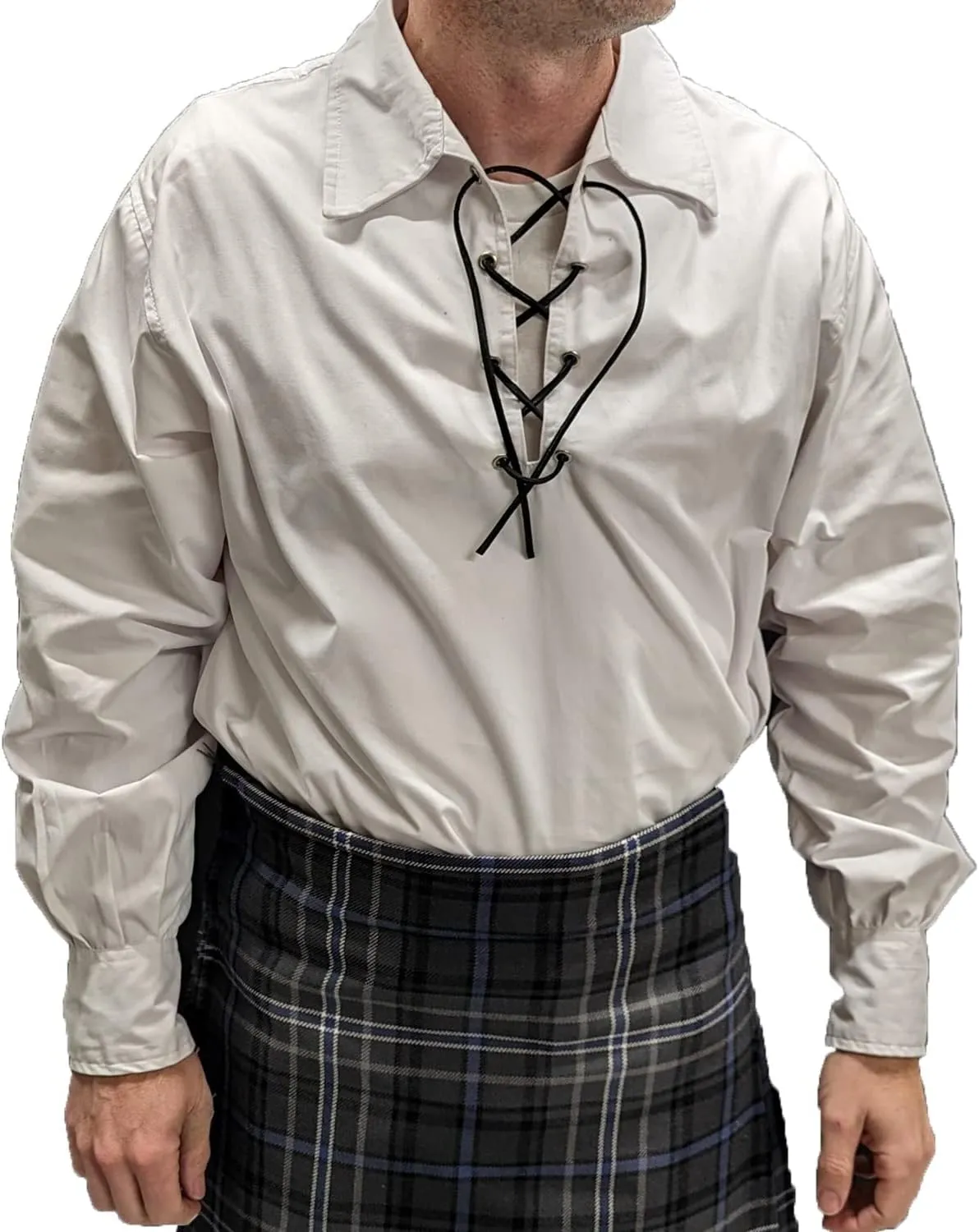 Mens Long Sleeve Shirt, Jacobite Ghillie Shirt for Kilts, w/Leather Tie