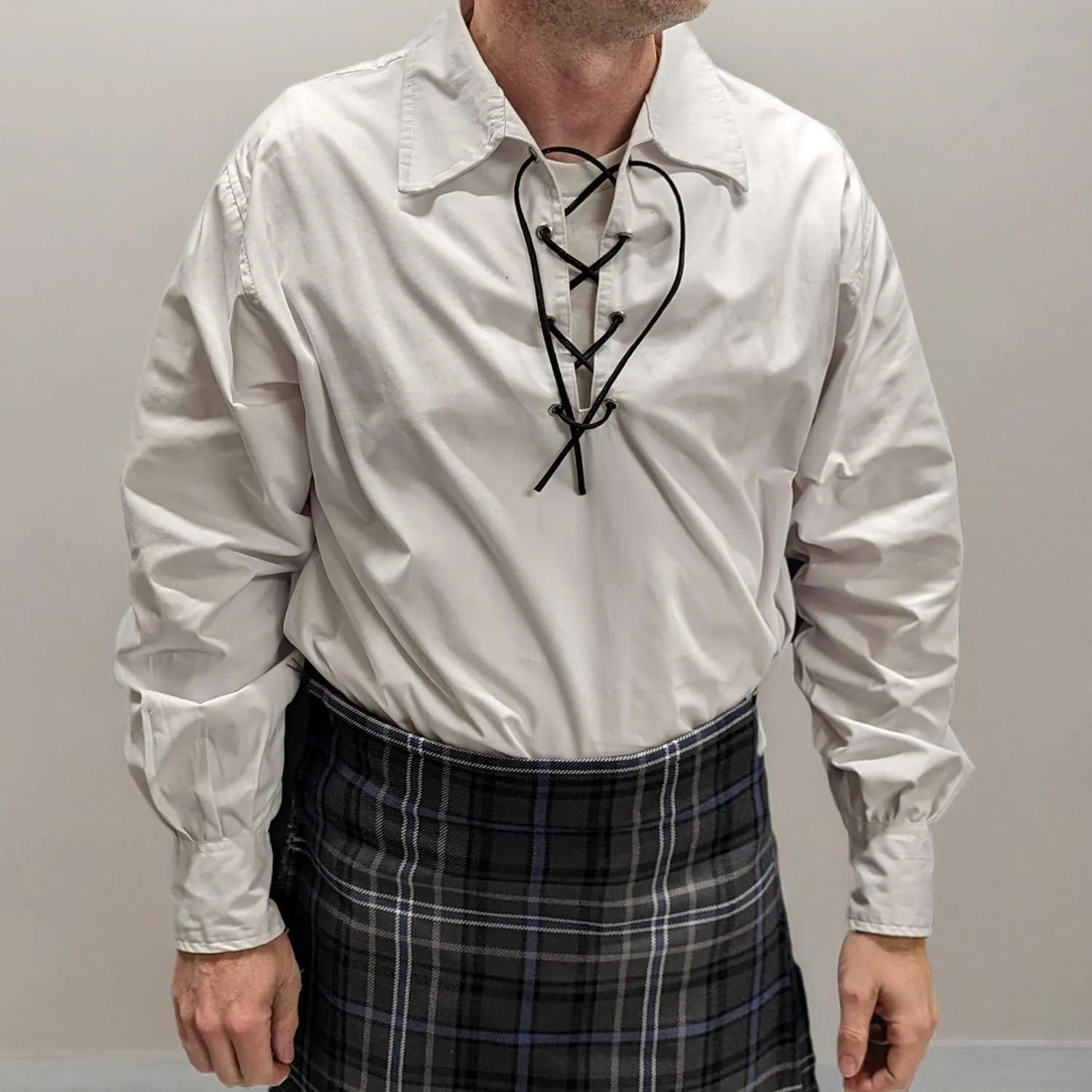Mens Long Sleeve Shirt, Jacobite Ghillie Shirt for Kilts, w/Leather Tie