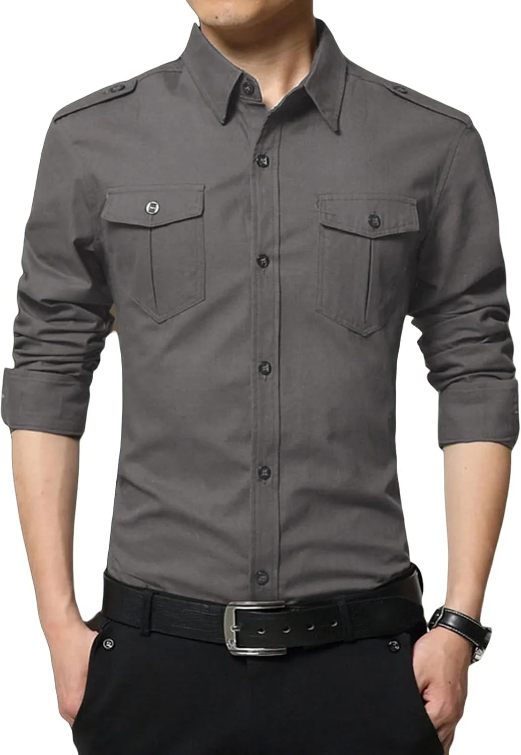 Men's Military Style Double Pocket Shirt Tactical Cargo Casual Slim Fit Shirt Work Shirt Hiking Fishing Shirts