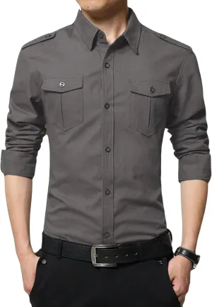Men's Military Style Double Pocket Shirt Tactical Cargo Casual Slim Fit Shirt Work Shirt Hiking Fishing Shirts