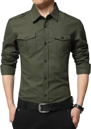 Men's Military Style Double Pocket Shirt Tactical Cargo Casual Slim Fit Shirt Work Shirt Hiking Fishing Shirts