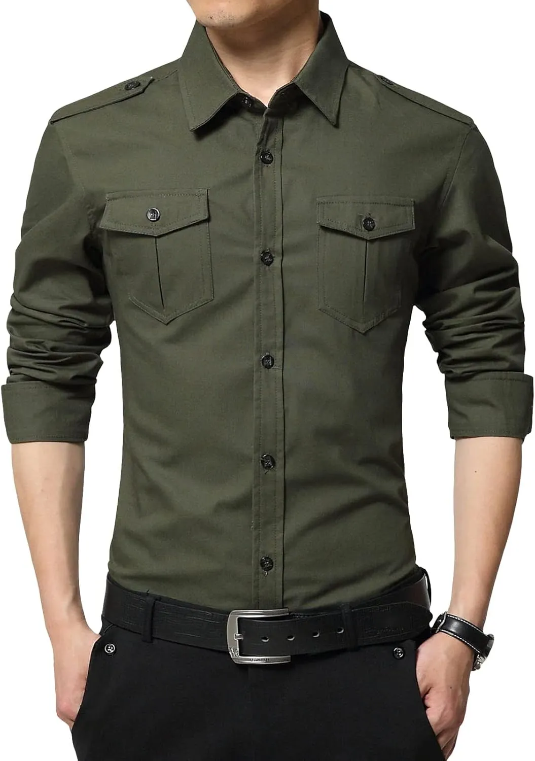 Men's Military Style Double Pocket Shirt Tactical Cargo Casual Slim Fit Shirt Work Shirt Hiking Fishing Shirts