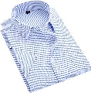 Men's Solid Color Striped Dress Shirt Single Breasted Lapel Wrinkle Resistant Shirt D08-3 7XL