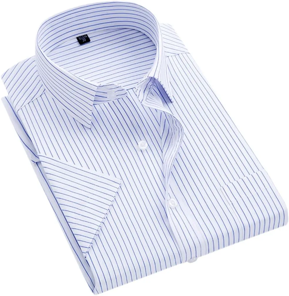 Men's Solid Color Striped Dress Shirt Single Breasted Lapel Wrinkle Resistant Shirt D08-6 8XL