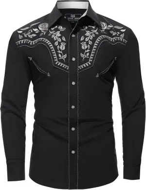 Men's Western Cowboy Shirt Embroidered Long Sleeve Casual Snap Button Down Shirt