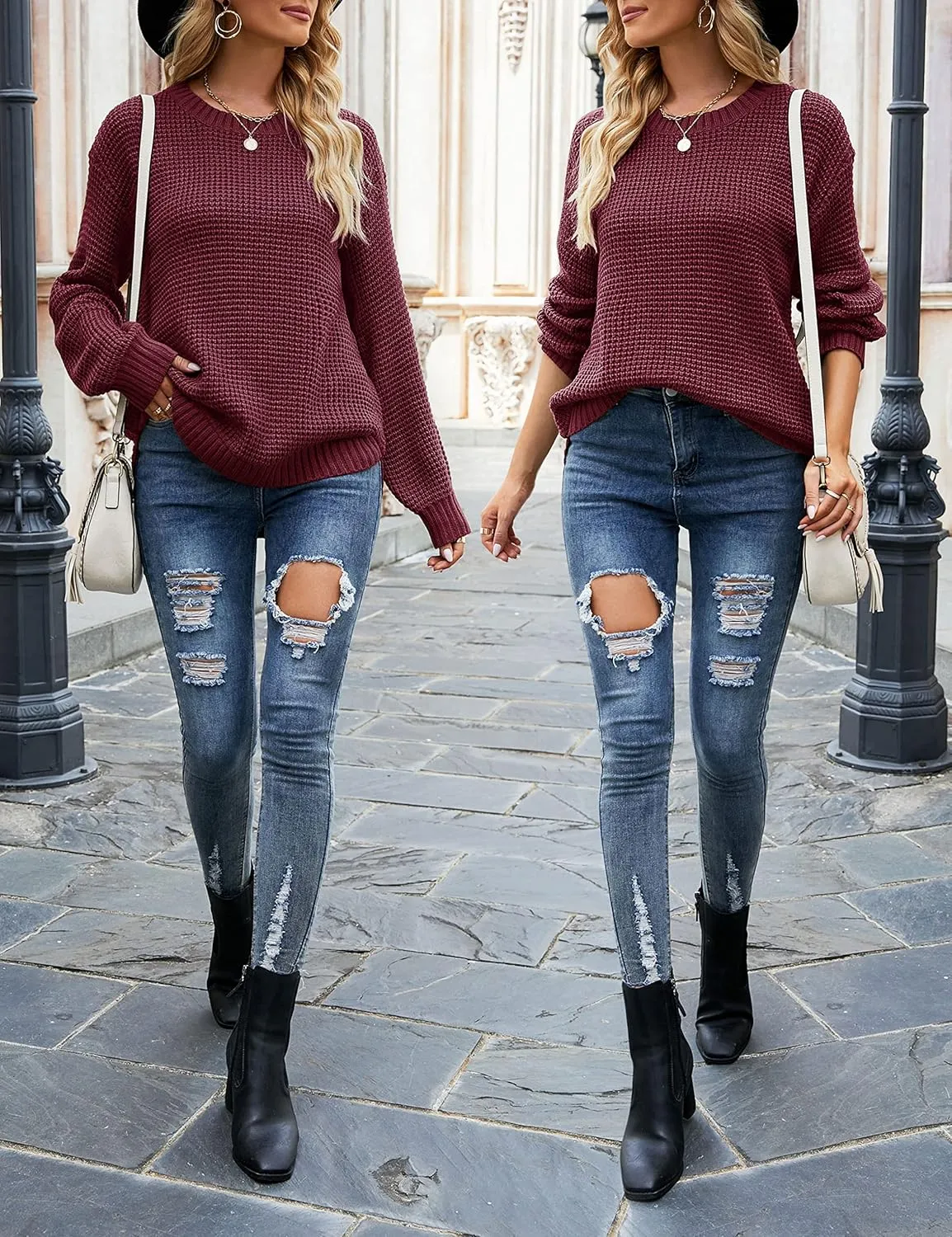 MEROKEETY Women's 2024 Fall Casual Fall Waffle Knit Sweater Long Balloon Sleeve Loose Pullover Jumper