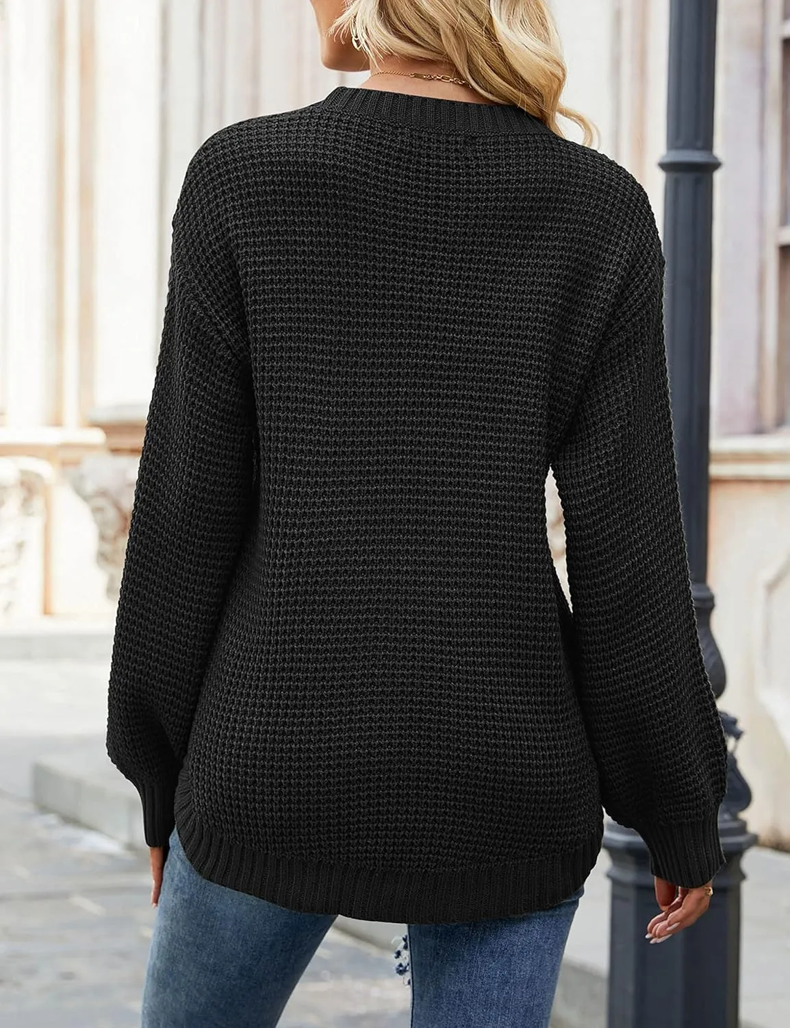 MEROKEETY Women's 2024 Fall Casual Fall Waffle Knit Sweater Long Balloon Sleeve Loose Pullover Jumper