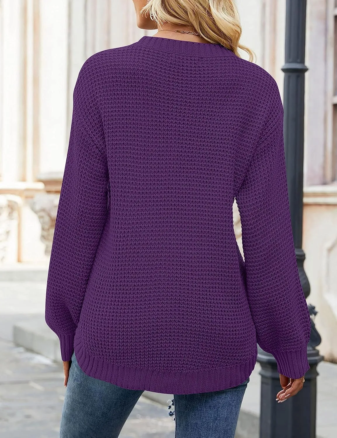 MEROKEETY Women's 2024 Fall Casual Fall Waffle Knit Sweater Long Balloon Sleeve Loose Pullover Jumper