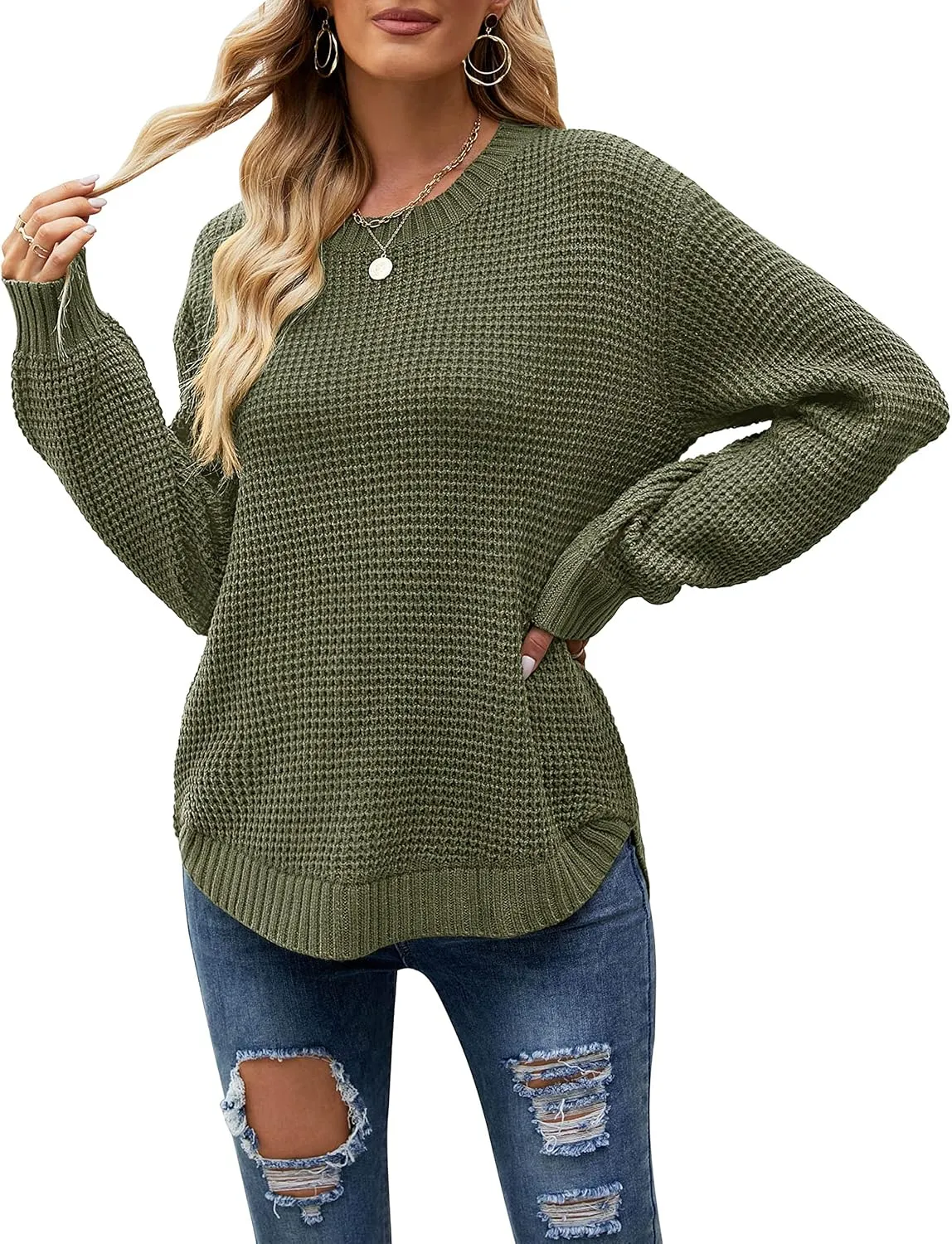MEROKEETY Women's 2024 Fall Casual Fall Waffle Knit Sweater Long Balloon Sleeve Loose Pullover Jumper