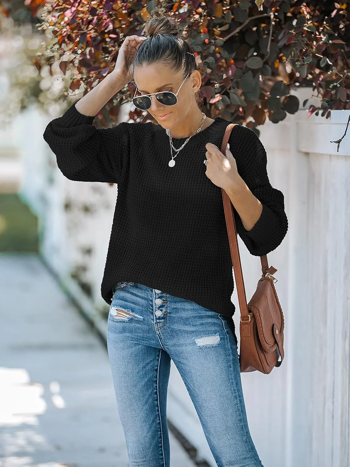 MEROKEETY Women's 2024 Fall Casual Fall Waffle Knit Sweater Long Balloon Sleeve Loose Pullover Jumper