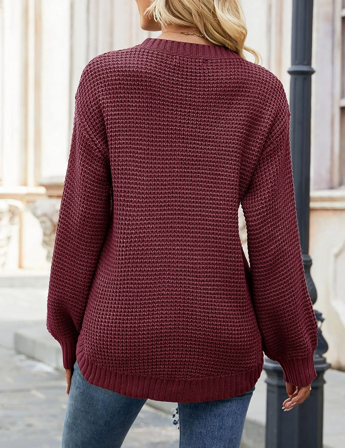 MEROKEETY Women's 2024 Fall Casual Fall Waffle Knit Sweater Long Balloon Sleeve Loose Pullover Jumper