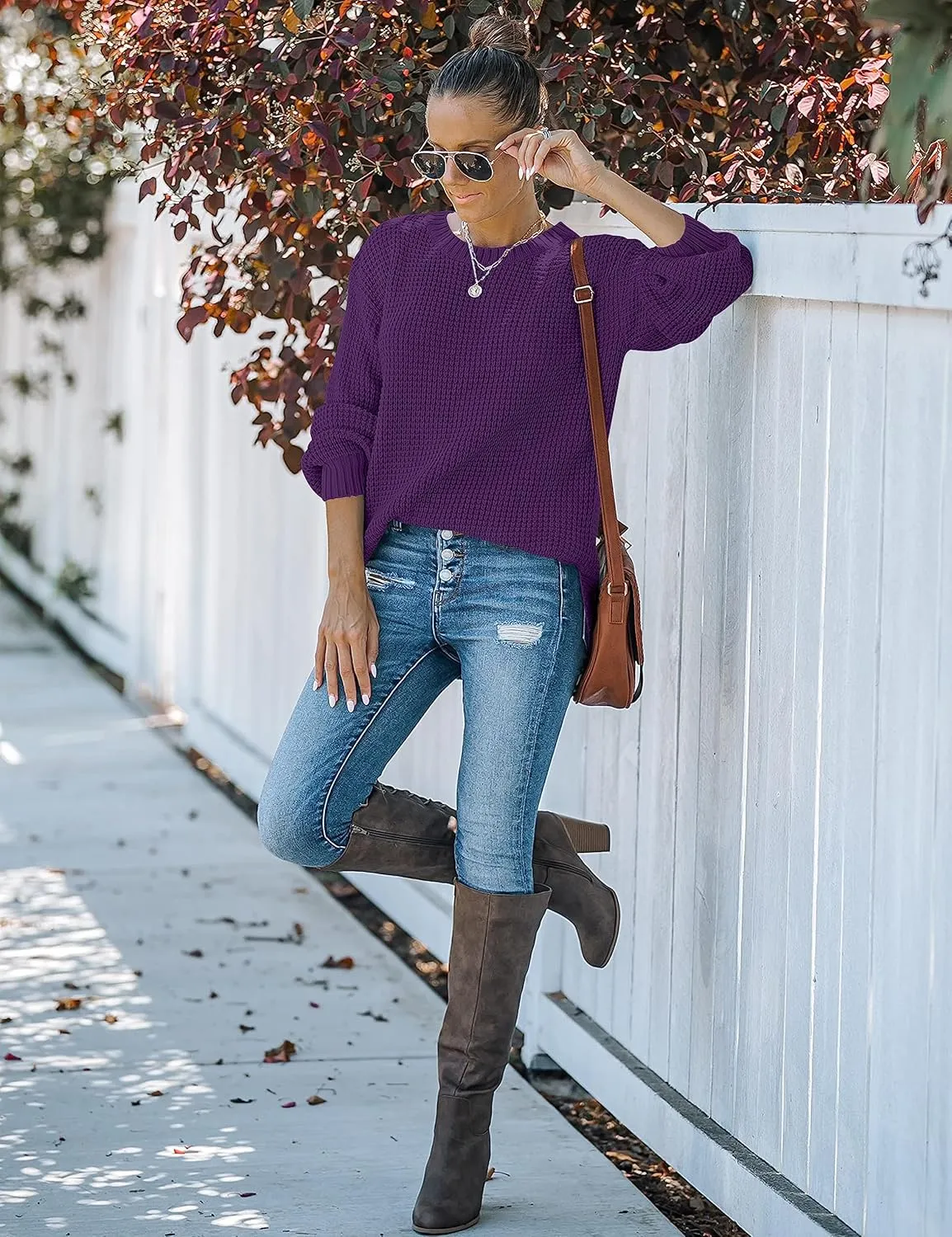 MEROKEETY Women's 2024 Fall Casual Fall Waffle Knit Sweater Long Balloon Sleeve Loose Pullover Jumper