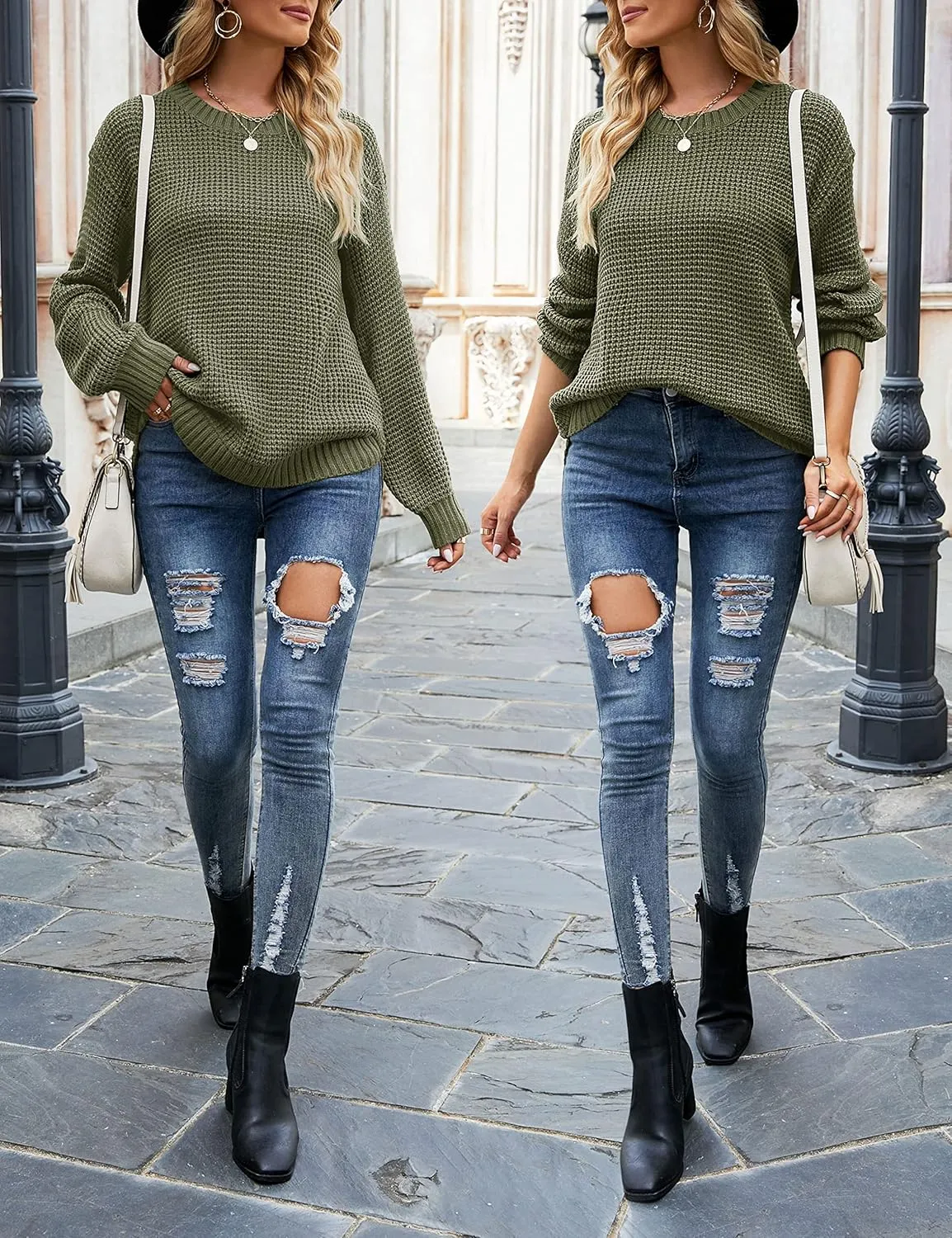 MEROKEETY Women's 2024 Fall Casual Fall Waffle Knit Sweater Long Balloon Sleeve Loose Pullover Jumper