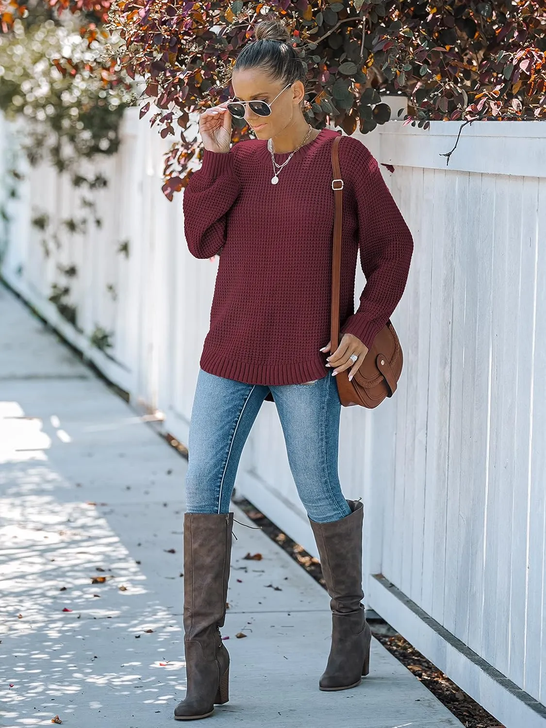 MEROKEETY Women's 2024 Fall Casual Fall Waffle Knit Sweater Long Balloon Sleeve Loose Pullover Jumper