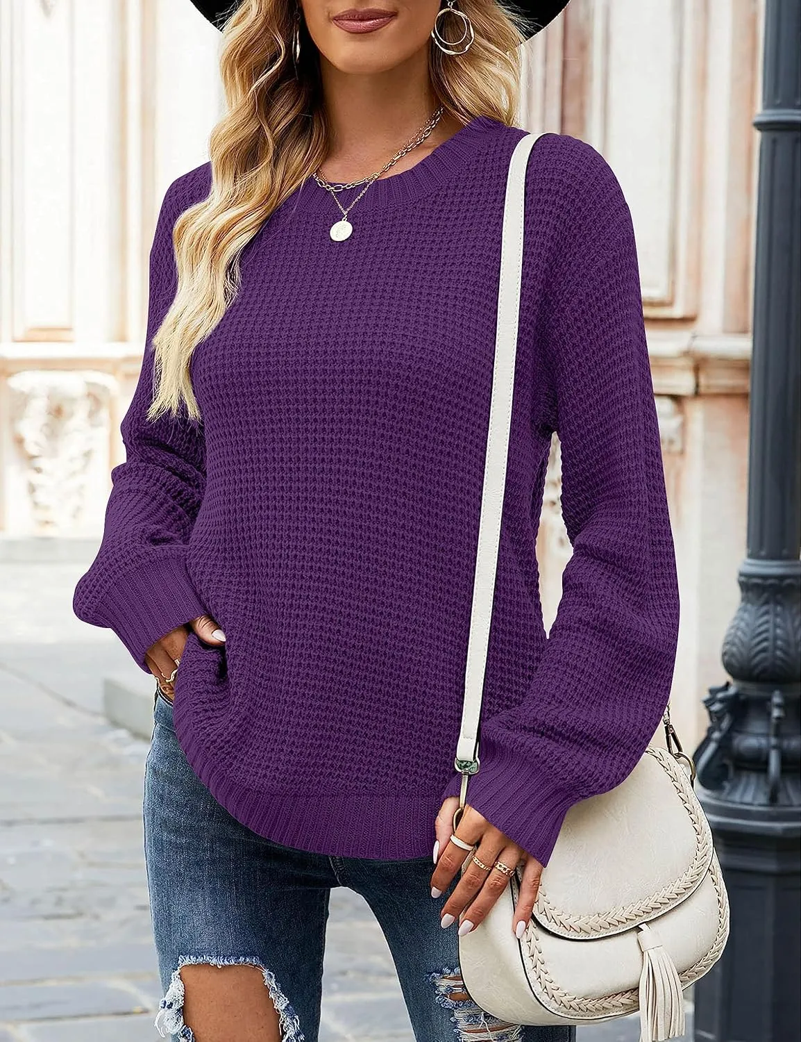 MEROKEETY Women's 2024 Fall Casual Fall Waffle Knit Sweater Long Balloon Sleeve Loose Pullover Jumper