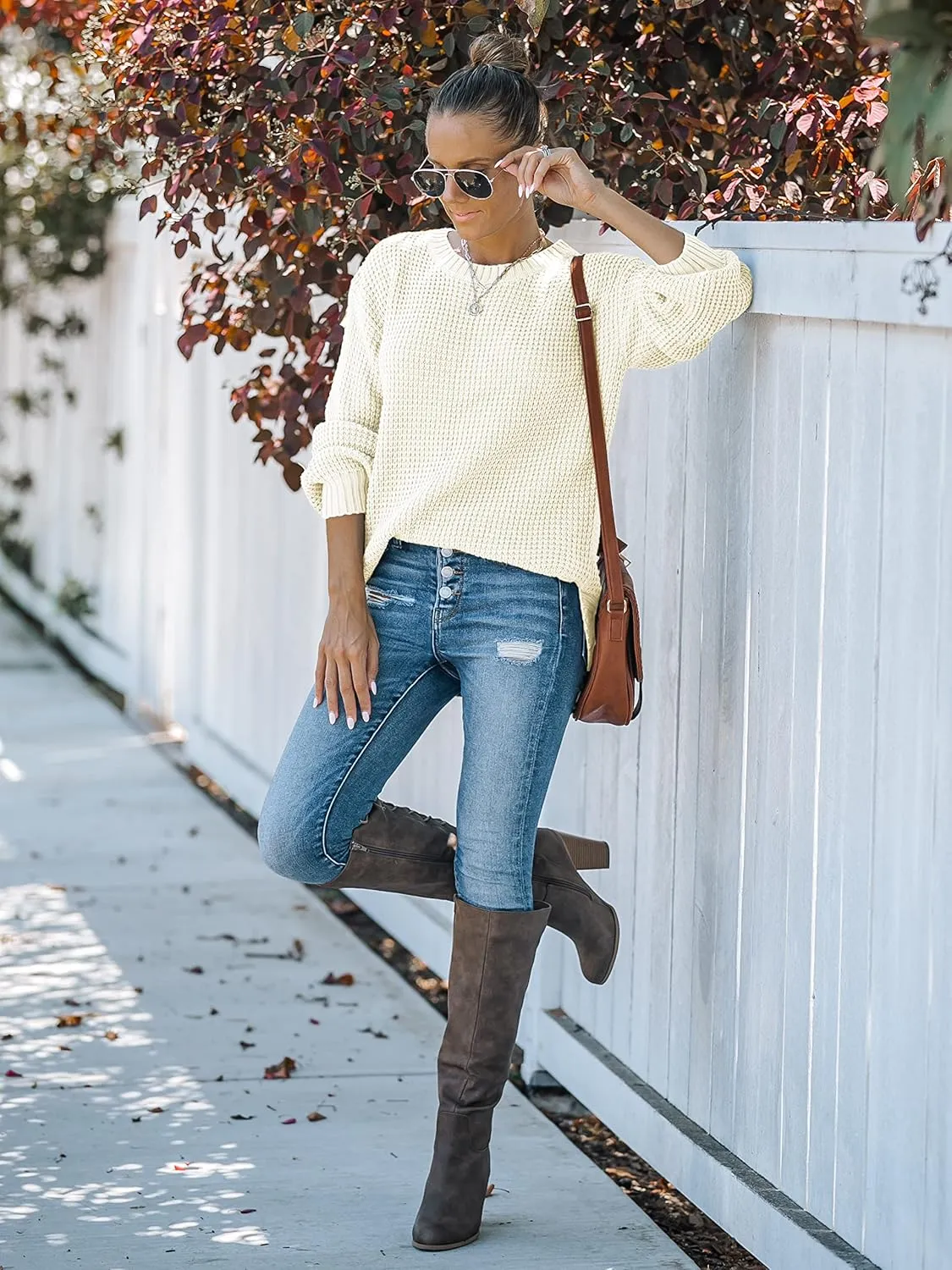 MEROKEETY Women's 2024 Fall Casual Fall Waffle Knit Sweater Long Balloon Sleeve Loose Pullover Jumper