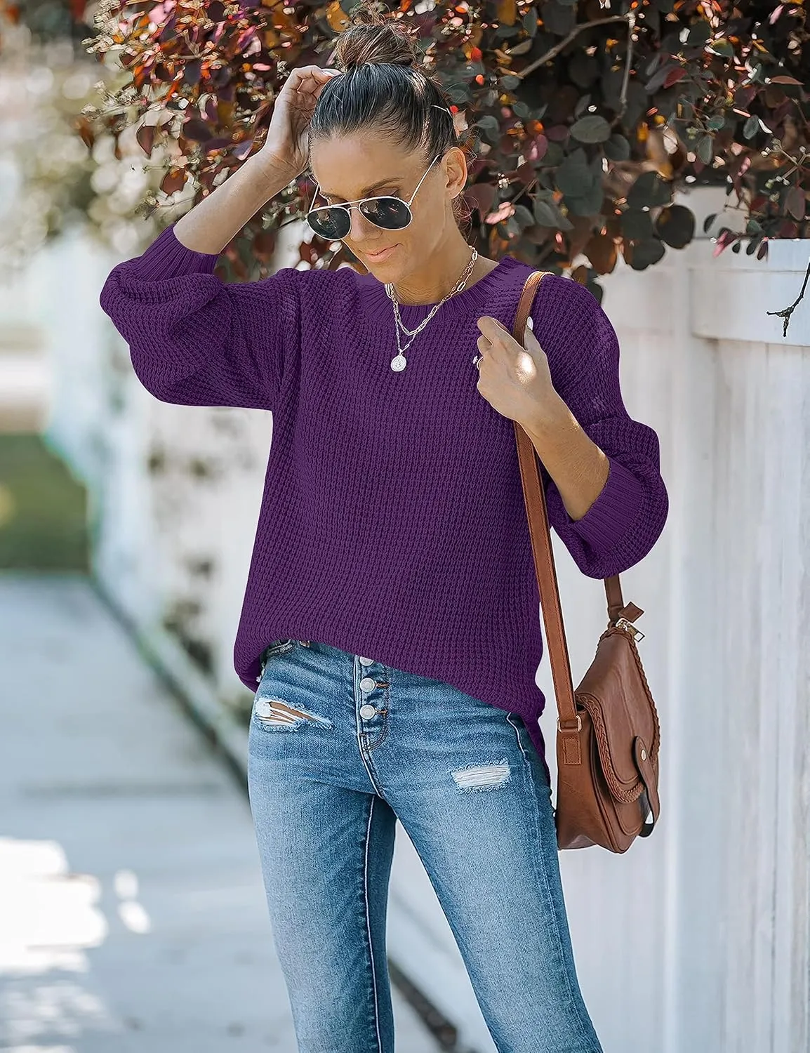 MEROKEETY Women's 2024 Fall Casual Fall Waffle Knit Sweater Long Balloon Sleeve Loose Pullover Jumper