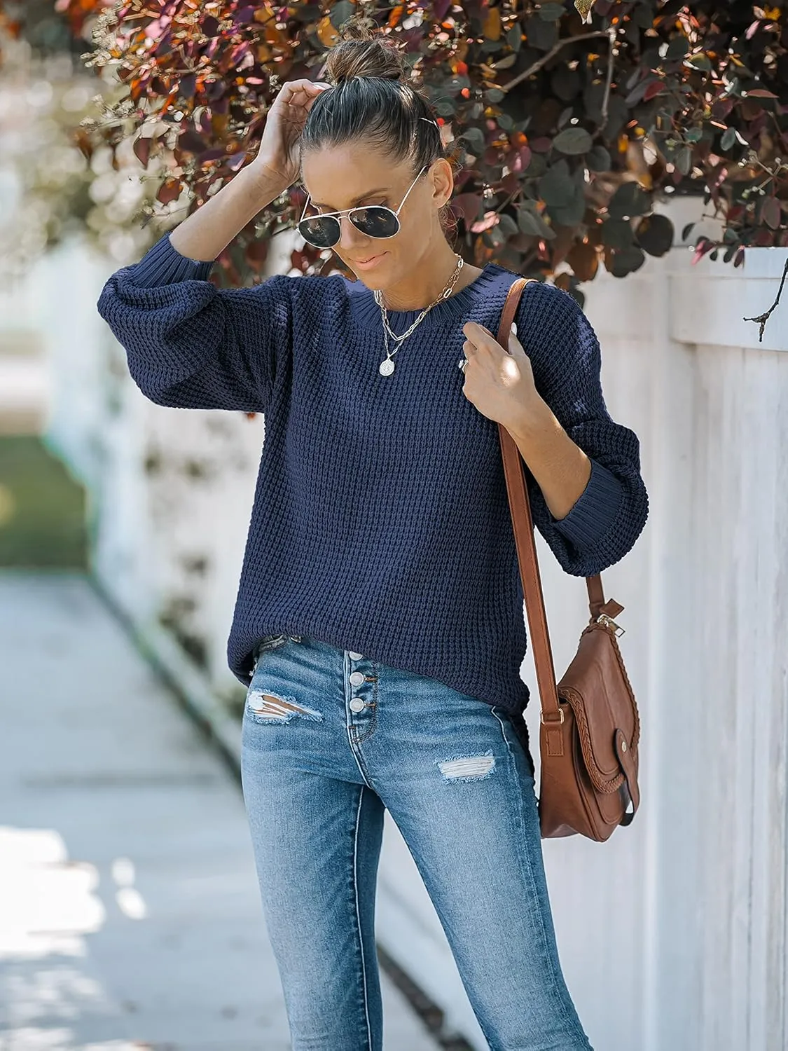 MEROKEETY Women's 2024 Fall Casual Fall Waffle Knit Sweater Long Balloon Sleeve Loose Pullover Jumper
