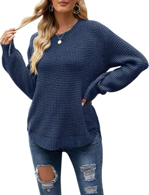 MEROKEETY Women's 2024 Fall Casual Fall Waffle Knit Sweater Long Balloon Sleeve Loose Pullover Jumper