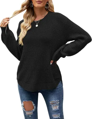 MEROKEETY Women's 2024 Fall Casual Fall Waffle Knit Sweater Long Balloon Sleeve Loose Pullover Jumper