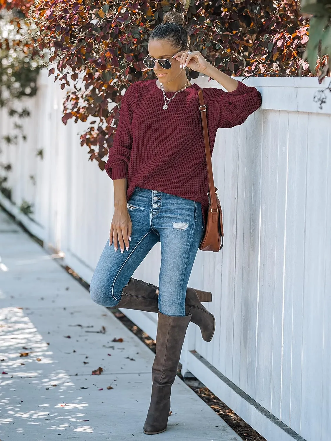 MEROKEETY Women's 2024 Fall Casual Fall Waffle Knit Sweater Long Balloon Sleeve Loose Pullover Jumper