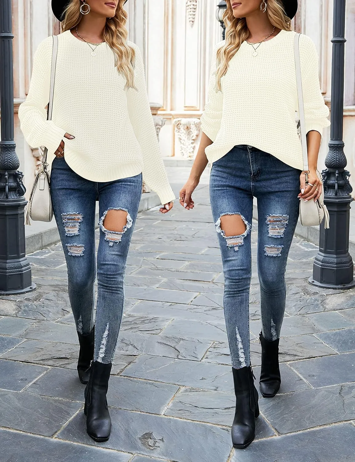MEROKEETY Women's 2024 Fall Casual Fall Waffle Knit Sweater Long Balloon Sleeve Loose Pullover Jumper