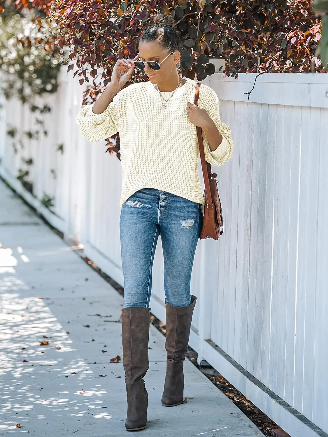 MEROKEETY Women's 2024 Fall Casual Fall Waffle Knit Sweater Long Balloon Sleeve Loose Pullover Jumper