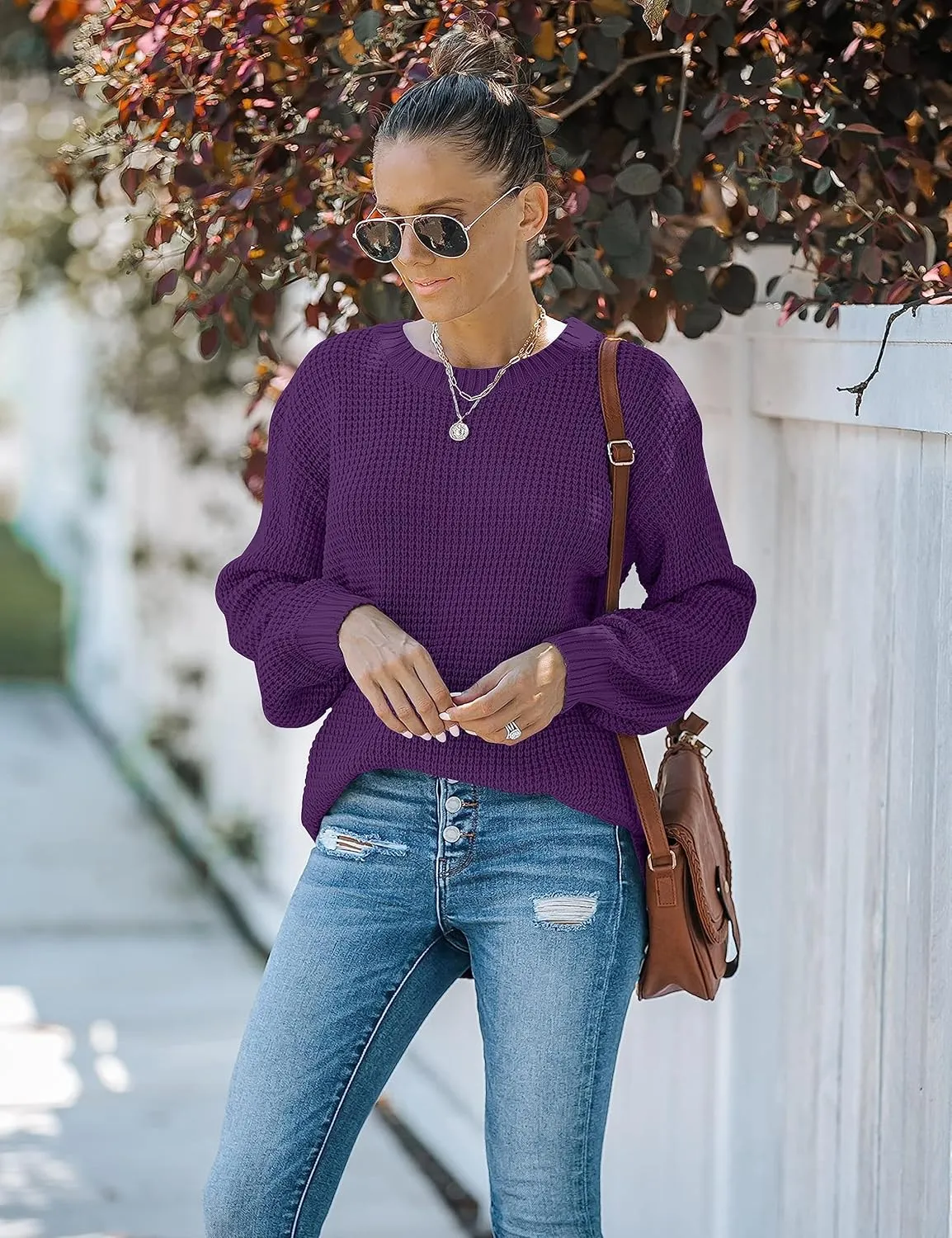 MEROKEETY Women's 2024 Fall Casual Fall Waffle Knit Sweater Long Balloon Sleeve Loose Pullover Jumper