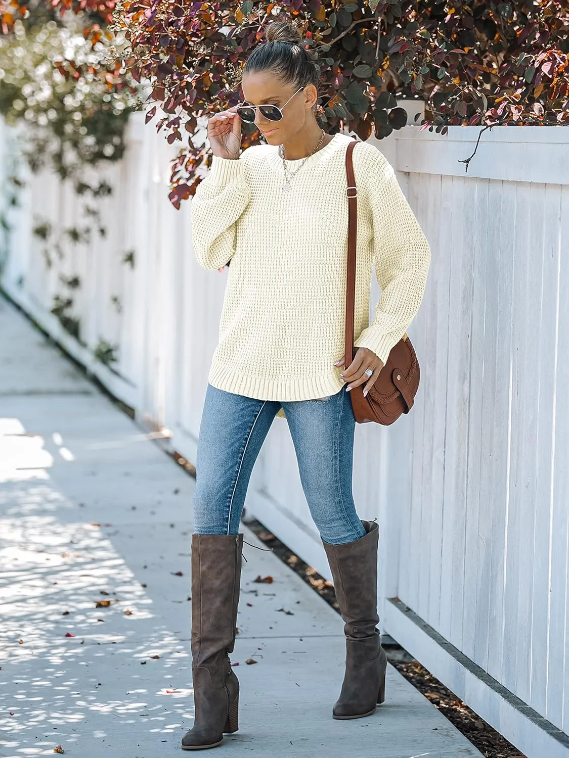 MEROKEETY Women's 2024 Fall Casual Fall Waffle Knit Sweater Long Balloon Sleeve Loose Pullover Jumper